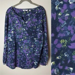 D&Co. Waffle Knit Top Plus Size 1X Long Sleeves Cotton Blend Navy Blue Purple